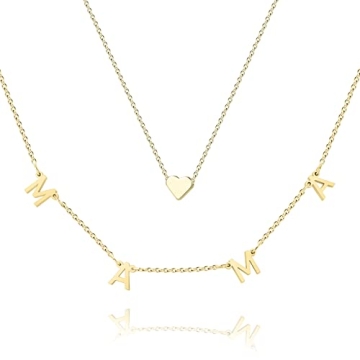 BUREI Mama Necklace Dainty Necklace Adjustable MaMa Necklaces for Women,14K Plated Tiny Heart Neckla...