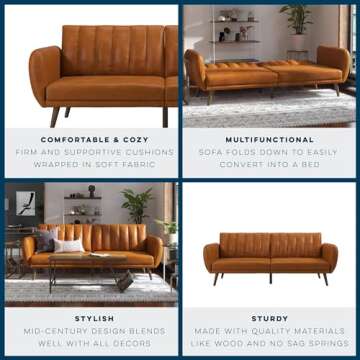 Novogratz Brittany Futon Sofa Bed and Couch Sleeper, Camel Faux Leather