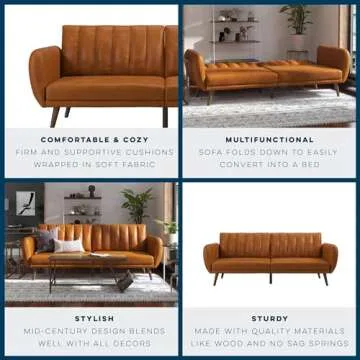 Novogratz Brittany Futon Sofa Bed and Couch Sleeper, Camel Faux Leather