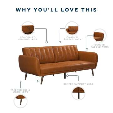 Novogratz Brittany Futon Sofa Bed and Couch Sleeper, Camel Faux Leather