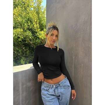 OQQ Womens 2 Piece Shirts Long Sleeve Crew Neck Ruched Stretch Basic Fitted Tee Shirts Tops Black Tea Leaf