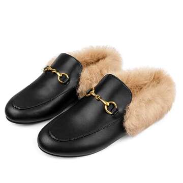 Comfity Mules for Women, Low Heel Flats Backless Slip On Fur Loafers Comfortable Flat Slides Work Sh...