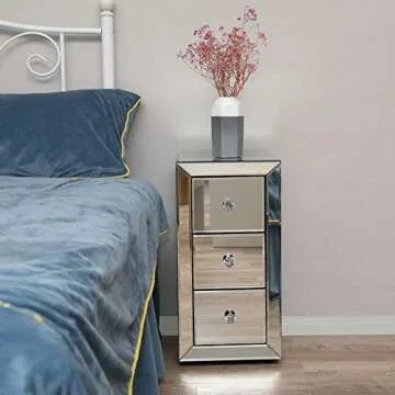 JAXPETY Mirrored Nightstand Side Table, Bedside Table with 3 Drawers and Crystal Diamond Inlay, End Table for Bedroom, Living Room, Office, Reception Room (1 Pack, Silver)