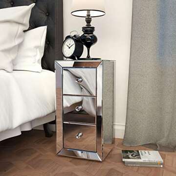 JAXPETY Mirrored Nightstand Side Table, Bedside Table with 3 Drawers and Crystal Diamond Inlay, End Table for Bedroom, Living Room, Office, Reception Room (1 Pack, Silver)