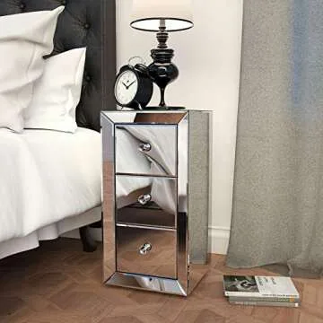 JAXPETY Mirrored Nightstand Side Table, Bedside Table with 3 Drawers and Crystal Diamond Inlay, End Table for Bedroom, Living Room, Office, Reception Room (1 Pack, Silver)