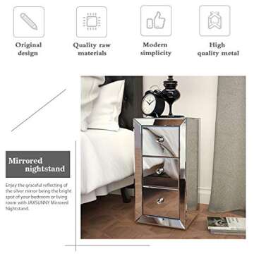 JAXPETY Mirrored Nightstand Side Table, Bedside Table with 3 Drawers and Crystal Diamond Inlay, End Table for Bedroom, Living Room, Office, Reception Room (1 Pack, Silver)