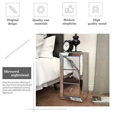 JAXPETY Mirrored Nightstand Side Table, Bedside Table with 3 Drawers and Crystal Diamond Inlay, End Table for Bedroom, Living Room, Office, Reception Room (1 Pack, Silver)