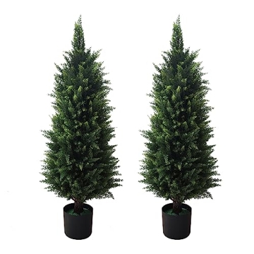 2 Pack 37 Inch Artificial Cedar Topiary Trees for Outdoor Front Porch Décor - UV Rated Fake Plants ...