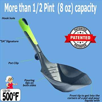 Supa Ant Soup Ladle for Kitchen - Canning Ladle with Pour Spout (8 oz) BPA free and Heat Resistant - Silicone Large Canning Scoop with Pot Clip and Hook Hole - Kitchen Ladel for Cooking