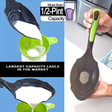 Supa Ant Soup Ladle for Kitchen - Canning Ladle with Pour Spout (8 oz) BPA free and Heat Resistant - Silicone Large Canning Scoop with Pot Clip and Hook Hole - Kitchen Ladel for Cooking