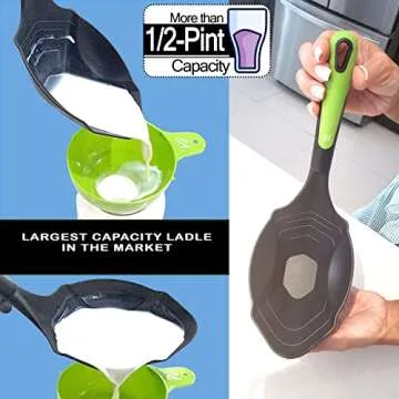 Supa Ant Soup Ladle for Kitchen - Canning Ladle with Pour Spout (8 oz) BPA free and Heat Resistant - Silicone Large Canning Scoop with Pot Clip and Hook Hole - Kitchen Ladel for Cooking