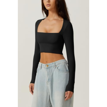 QINSEN Square Neck Long Sleeve Crop Top for Women