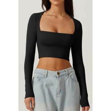 QINSEN Square Neck Long Sleeve Crop Top for Women