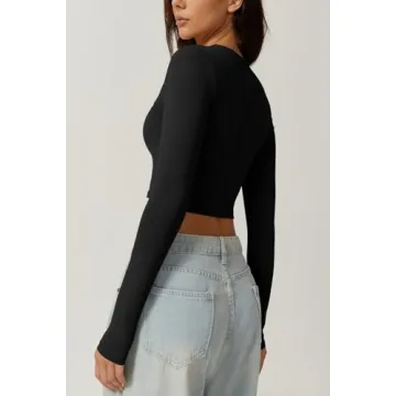 QINSEN Square Neck Long Sleeve Crop Top for Women