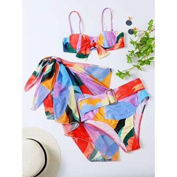 SheIn Women's 3 Piece Graphic Belted Bikini Set Swimsuit and Cover Up Beach Skirt Hot Pink Large