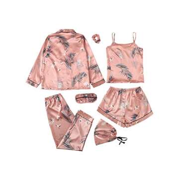 SheIn Women's 7pcs Pajama Set Cami Pjs with Shirt and Eye Mask Pink Crane Small