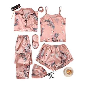 SheIn Women's 7pcs Pajama Set Cami Pjs with Shirt and Eye Mask Pink Crane Small