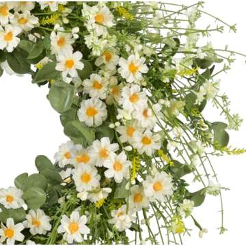 LSKYTOP 24 Inches Artificial Daisy Flower Wreath with Eucalyptus Leave Silk Flower White Berries Spring Summer Wreath for Front Door Wall Decor