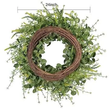 LSKYTOP 24 Inches Artificial Daisy Flower Wreath with Eucalyptus Leave Silk Flower White Berries Spring Summer Wreath for Front Door Wall Decor