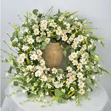 LSKYTOP 24 Inches Artificial Daisy Flower Wreath with Eucalyptus Leave Silk Flower White Berries Spring Summer Wreath for Front Door Wall Decor