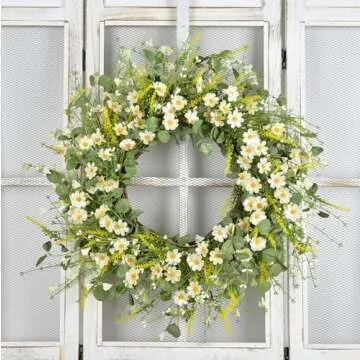 LSKYTOP 24 Inches Artificial Daisy Flower Wreath with Eucalyptus Leave Silk Flower White Berries Spring Summer Wreath for Front Door Wall Decor