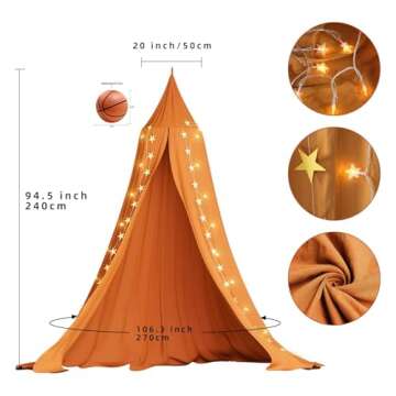 Frideko Bed Canopy, Princess Gauze Mosquito Net+ USB Warm White Star Fairy String Lights & Yellow Star Flag for Playing Beach Home Nursery Hotel Kids Children Christmas Birthday Gifts (Burnt Orange)