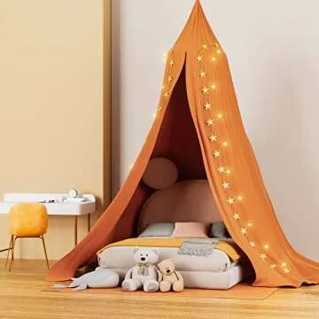 Frideko Bed Canopy, Princess Gauze Mosquito Net+ USB Warm White Star Fairy String Lights & Yellow Star Flag for Playing Beach Home Nursery Hotel Kids Children Christmas Birthday Gifts (Burnt Orange)