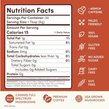 RYZE SUPERFOODS Mushroom Medium Roast Coffee USDA Organic with 6 Adaptogenic Mushrooms, USA Grown In...