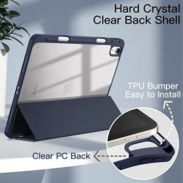 JETech Case for iPad Air 11-Inch M3/M2 (2025/2024), iPad Air 5/4 (2022/2020 5th/4th) with Pencil Holder, Clear Transparent Back Slim Stand Shockproof Tablet Cover, Auto Wake/Sleep (Deep Navy)