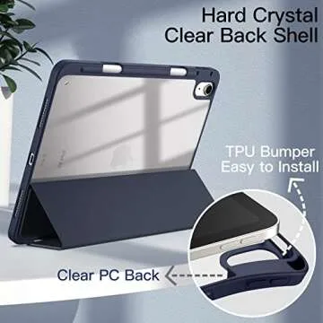 JETech Case for iPad Air 11-Inch M3/M2 (2025/2024), iPad Air 5/4 (2022/2020 5th/4th) with Pencil Holder, Clear Transparent Back Slim Stand Shockproof Tablet Cover, Auto Wake/Sleep (Deep Navy)