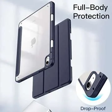 JETech Case for iPad Air 11-Inch M3/M2 (2025/2024), iPad Air 5/4 (2022/2020 5th/4th) with Pencil Holder, Clear Transparent Back Slim Stand Shockproof Tablet Cover, Auto Wake/Sleep (Deep Navy)