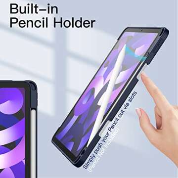 JETech Case for iPad Air 11-Inch M3/M2 (2025/2024), iPad Air 5/4 (2022/2020 5th/4th) with Pencil Holder, Clear Transparent Back Slim Stand Shockproof Tablet Cover, Auto Wake/Sleep (Deep Navy)