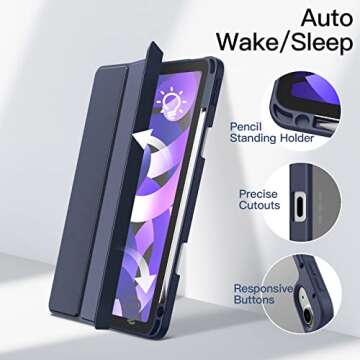 JETech Case for iPad Air 11-Inch M3/M2 (2025/2024), iPad Air 5/4 (2022/2020 5th/4th) with Pencil Holder, Clear Transparent Back Slim Stand Shockproof Tablet Cover, Auto Wake/Sleep (Deep Navy)