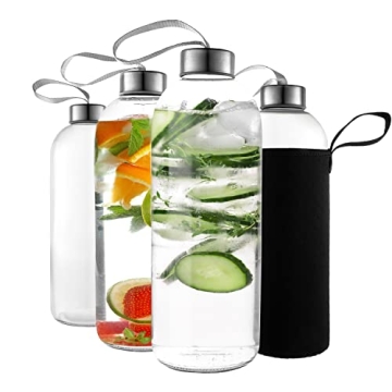 Kitchen Lux 32 oz Glass Water Bottle Set - Reusable, Eco-Friendly, Airtight, Leak Proof Bottles for ...