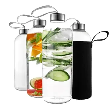 Kitchen Lux 32 oz Glass Water Bottle Set - Reusable, Eco-Friendly, Airtight, Leak Proof Bottles for ...