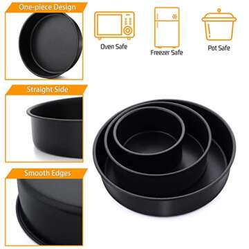 Round Cake Pan Set - 4” & 6” & 8”, P&P CHEF 3-Piece Cake Baking Pan for Birthday Weeding Layer Cakes, Stainless Steel Core with Nonstick Coatings for Durable Use & Easy Release, Leakproof, Black