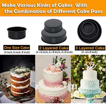 Round Cake Pan Set - 4” & 6” & 8”, P&P CHEF 3-Piece Cake Baking Pan for Birthday Weeding Layer Cakes, Stainless Steel Core with Nonstick Coatings for Durable Use & Easy Release, Leakproof, Black
