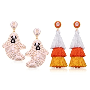 NLCAC 2 Pairs Halloween Earrings Set - Spooky Ghost & Candy Corn Tassel Dangle Jewelry
