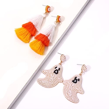 NLCAC Halloween Beaded Ghost Candy Corn Tassel Earrings