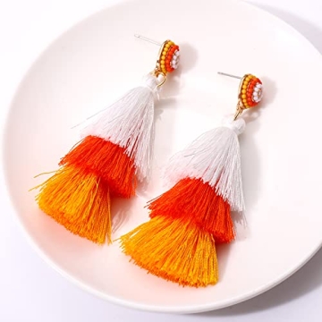 NLCAC Halloween Beaded Ghost Candy Corn Tassel Earrings