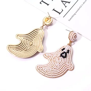 NLCAC Halloween Beaded Ghost Candy Corn Tassel Earrings