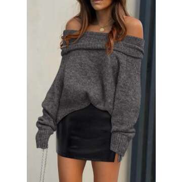 PRETTYGARDEN Women's Sweaters Spring Off The Shoulder Long Sleeve Top 2025 Outfits Loose Knitted Winter Pullover(Dark Grey,Medium)