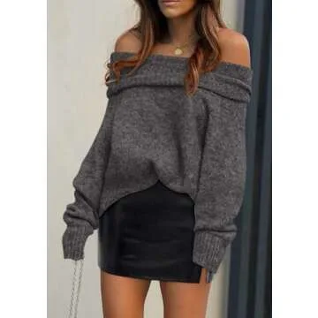 PRETTYGARDEN Women's Sweaters Spring Off The Shoulder Long Sleeve Top 2025 Outfits Loose Knitted Winter Pullover(Dark Grey,Medium)
