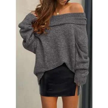 PRETTYGARDEN Women's Sweaters Spring Off The Shoulder Long Sleeve Top 2025 Outfits Loose Knitted Winter Pullover(Dark Grey,Medium)