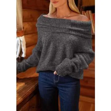 PRETTYGARDEN Women's Sweaters Spring Off The Shoulder Long Sleeve Top 2025 Outfits Loose Knitted Winter Pullover(Dark Grey,Medium)