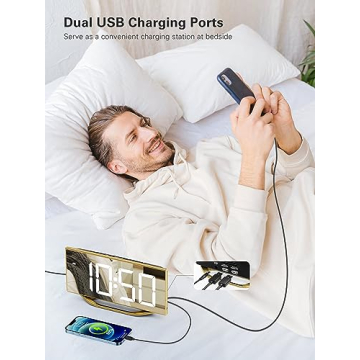 8.7" LED Mirror Alarm Clock with USB Chargers and Snooze