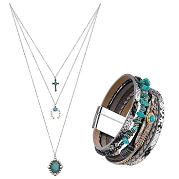 Yowivon Western Jewelry Set Turquoise Layered Necklace and Bracelet for Women