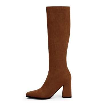 Modatope Brown Suede Knee High Boots Women Chunky Heel Square Toe Long Boots for Women High Heel Sid...