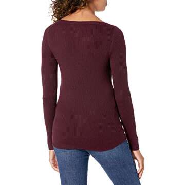 Amazon Essentials Women's Lightweight Ribbed Long-Sleeve Boat Neck Slim-Fit Sweater, Burgundy, Mediu...