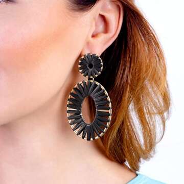 BaubleStar Raffia Tassel Fringe Rattan Hoop Drop Statement Earrings Black Tiered Thread Handmade Rou...